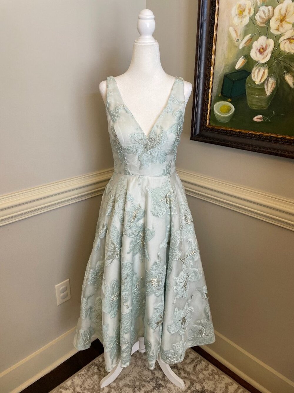 Bariano Australia Seafoam Metallic Silver Floral Midi Dress Size US 6